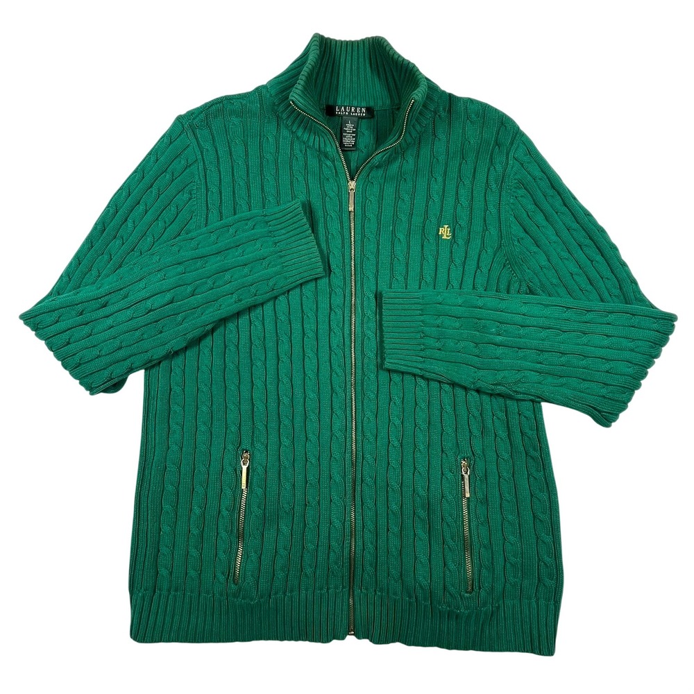 Lauren Ralph Lauren Full Zip Cable Knit Cardigan Womens L Green Mock Neck Preppy - Picture 3 of 12